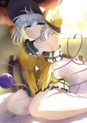  absurdres black_hat blurry blurry_background bow breasts commentary_request female green_eyes green_skirt grey_hair hat hat_bow heart heart_of_string highres indoors komeiji_koishi large_breasts light_particles long_sleeves looking_at_viewer on_bed pillow polyhedron2 shirt short_hair signature single_bare_shoulder sitting skirt solo third_eye touhou v_arms yellow_bow yellow_shirt yokozuwari 