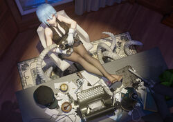  1other 3d antique_phone at_gunpoint black_pantyhose blue_hair breasts corded_phone crossed_ankles desert_eagle desk feet feet_on_table female formal from_above gloves gun handgun hat highres holding holding_phone indoors large_breasts legs mag_(huangmag) md5_mismatch no_shoes office_lady original pantyhose phone pleated_skirt red_eyes revision revolver rotary_phone short_hair sitting skirt skirt_suit sleeveless suit tentacle toes typewriter unworn_hat unworn_headwear weapon white_gloves 