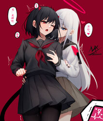  ! 2girls angel_girl_(shimmer) artist_logo black-haired_demon_girl_(shimmer) black_hair black_nails black_pantyhose black_sailor_collar black_serafuku black_shirt black_skirt blue_eyes breasts commentary_request demon_girl demon_horns demon_tail grabbing grabbing_another&#039;s_breast grey_sailor_collar grey_skirt hair_between_eyes halo heart highres horns hug hug_from_behind long_sleeves looking_at_viewer medium_breasts multiple_girls nail_polish neckerchief one_eye_closed open_mouth original pantyhose pleated_skirt puffy_long_sleeves puffy_sleeves purple_background red_background red_eyes red_neckerchief sailor_collar saliva school_uniform serafuku shimmer shirt signature simple_background skirt tail thighband_pantyhose translated trembling white_hair yuri 