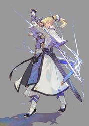  1boy arc_system_works belt blonde_hair blue_eyes crossover english_text fingerless_gloves gloves grey_background guilty_gear guilty_gear_xrd hair_between_eyes highres holding holding_sword holding_weapon kazama_raita ky_kiske lightning looking_at_viewer magnolia_eclair_ii official_art ponytail shadow shoes simple_background star_ocean star_ocean_anamnesis sword weapon 