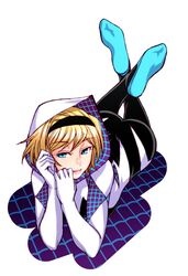  animification ass black_hairband blonde_hair blue_eyes breasts chiba_toshirou commentary_request crossed_ankles feet feet_up female full_body gwen_stacy hairband hood looking_at_viewer lying marvel medium_breasts on_stomach smile soles solo spider-gwen spider-man_(series) the_pose 