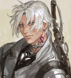  1boy archon_mark bad_id bad_pixiv_id choker final_fantasy final_fantasy_xiv frischenq grey_eyes gunblade hyur jacket looking_at_viewer male_focus neck_tattoo open_clothes open_jacket short_hair simple_background solo tattoo thancred_waters weapon white_hair wind 