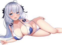  alternate_costume azur_lane bikini blue_bikini blue_eyes breasts chinese_commentary commentary_request feet_out_of_frame female hair_ribbon highres illustrious_(azur_lane) large_breasts long_hair looking_at_viewer lying navel on_side open_mouth revision ribbon shenqi_(toid310) simple_background skindentation solo swimsuit two-tone_bikini very_long_hair white_background white_bikini white_hair 