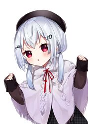  :o aged_down beret black_dress black_hat blush capelet dress dutch_angle female fringe_trim fur-trimmed_capelet fur_trim grey_capelet grey_hair hair_ornament hair_over_shoulder hairclip hakase_fuyuki hakase_fuyuki_(2nd_costume) hands_up hat houndstooth long_hair long_sleeves looking_at_viewer low_twintails nijisanji parted_lips red_eyes simple_background sleeves_past_wrists solo twintails virtual_youtuber white_background yamabukiiro 