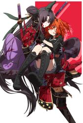  2girls armor black_hair black_headwear blood blood_on_face blue_eyes boots carrying command_spell commentary_request cross-laced_footwear fate/grand_order fate_(series) fujimaru_ritsuka_(female) fujimaru_ritsuka_(female)_(polar_chaldea_uniform) gloves hair_over_one_eye hat japanese_armor katana knee_boots lace-up_boots long_hair looking_at_another medium_hair multiple_girls oiun orange_eyes orange_hair parted_bangs pauldrons pleated_skirt princess_carry samurai shoulder_armor simple_background skirt smile sode standing standing_on_one_leg sword taira_no_kagekiyo_(fate) tate_eboshi two_side_up ushiwakamaru_(fate) very_long_hair weapon white_background yuri 