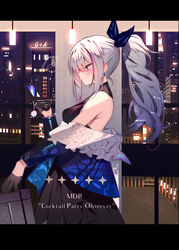  bare_shoulders black_dress black_gloves blue_jacket blush breasts cellphone character_name city cross cross_earrings dress earrings female flip_phone from_side girls&#039;_frontline gloves grey_hair hair_ribbon holding holding_phone jacket jewelry long_hair mdr_(cocktail_observer)_(girls&#039;_frontline) mdr_(girls&#039;_frontline) multicolored_hair musical_note off_shoulder official_alternate_costume phone ponytail profile ribbon smile solo soukou_makura spoken_musical_note streaked_hair 