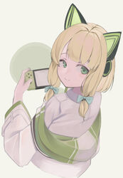  akinoji_(akiponpon27) animal_ear_headphones animal_ears blonde_hair blue_archive blush cat_ear_headphones dress_shirt fake_animal_ears female green_eyes hair_ribbon headphones highres jacket long_hair looking_at_viewer midori_(blue_archive) nintendo_switch ribbon shirt simple_background smile solo upper_body white_jacket white_shirt 