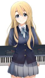  absurdres aranya0219 arms_behind_back bad_id bad_pixiv_id blazer blonde_hair blue_eyes blush breasts closed_mouth collared_shirt cowboy_shot eyebrows_hidden_by_hair female hair_between_eyes highres instrument jacket k-on! keyboard_(instrument) kotobuki_tsumugi long_hair looking_at_viewer miniskirt neck_ribbon pleated_skirt ribbon sakuragaoka_high_school_uniform school_uniform shirt sidelocks simple_background skirt smile solo tareme thick_eyebrows white_background winter_uniform 