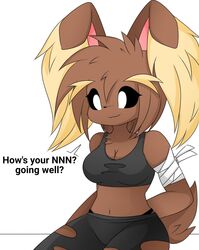  anthro asking asking_how asking_viewer bandage bandaged_arm black_bottomwear black_bra black_clothing black_jeans black_panties black_pants black_sports_bra black_underwear bottomwear bra breasts brown_body brown_fur cleavage clothed clothed_anthro clothed_female clothing colored denim denim_bottomwear denim_clothing dialogue english_text eyebrows eyelashes fan_character female female_anthro fur generation_4_pokemon hands_behind_back hi_res jeans lopunny medium_breasts meme nakachidragon nintendo no_nut_november panties pants pokemon pokemon_(species) question questioning_tone solo sports_bra talking_to_viewer text torn_bottomwear torn_clothing torn_jeans torn_pants underwear yes-no_question 