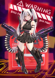  arm_strap bare_shoulders black_dress blush breasts chinese_commentary closed_mouth commentary crossed_bangs destroyer_(girls&#039;_frontline) dress english_commentary english_text female full_body girls&#039;_frontline highres large_breasts long_hair looking_at_viewer mixed-language_commentary popoman sangvis_ferri sleeveless solo standing thighs twintails weapon yellow_eyes 