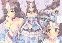  animal_ears blush breasts brown_eyes brown_hair cleavage commentary_request detached_sleeves female hair_ornament homing_(areya) horse_ears horse_girl long_hair looking_at_viewer medium_breasts multiple_views off-shoulder_shirt off_shoulder shirt simple_background tearing_up translation_request umamusume yamanin_zephyr_(umamusume) 