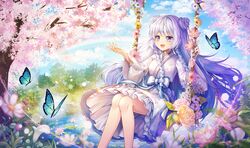  :d absurdres blue_butterfly blush braid bug butterfly cherry_blossoms commission double_bun female floral_print flower flower_swing hair_bun hayun highres japanese_clothes kimono lake light_purple_hair long_hair long_sleeves md5_mismatch obi open_hand open_mouth original outdoors print_kimono purple_eyes resolution_mismatch sash sidelocks sitting skirt skirt_under_kimono smile solo source_smaller swing twin_braids very_long_hair white_skirt wide_sleeves 