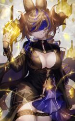  animal_ears black_dress blindfold blue_hair breasts brown_hair chains cleavage cleavage_cutout clothing_cutout commentary cowboy_shot crystal dress facing_viewer female galleon_(granblue_fantasy) galleon_(life&#039;s_compassionate_observer)_(granblue_fantasy) granblue_fantasy hand_up highres horns large_breasts long_hair long_sleeves multicolored_hair parted_lips shionty sleeves_past_wrists smile solo thigh_strap two-tone_hair 