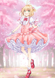  antenna_hair bobby_socks bow bowtie brown_hair bubble_skirt cardcaptor_sakura cherry_blossoms commentary dress female flower focke_wulf frilled_skirt frills full_body gloves green_eyes hair_flower hair_ornament highres kinomoto_sakura magical_girl mary_janes open_mouth petals pink_dress puffy_short_sleeves puffy_sleeves red_footwear ribbon-trimmed_sleeves ribbon_trim shirt shoes short_sleeves skirt socks solo white_gloves white_shirt 