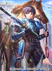  1boy armor belt chachie commentary_request fingerless_gloves fire_emblem fire_emblem:_the_binding_blade fire_emblem_cipher gloves horse leaf male_focus noah_(fire_emblem) official_art purple_eyes purple_hair sky solo sparkle sword weapon 