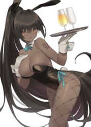  animal_ears aqua_bow aqua_bowtie arm_tattoo black_hair black_leotard blue_archive blush bow bowtie breasts commentary_request cowboy_shot cup dark-skinned_female dark_skin detached_collar drinking_glass fake_animal_ears female fishnet_pantyhose fishnets gloves hair_between_eyes hand_on_own_chest holding holding_tray karin_(blue_archive) karin_(bunny)_(blue_archive) kildir large_breasts leaning_forward leotard long_hair looking_at_viewer official_alternate_costume open_mouth pantyhose playboy_bunny rabbit_ears rabbit_tail sidelocks simple_background solo strapless strapless_leotard tail tattoo traditional_bowtie tray very_long_hair white_background white_gloves wrist_cuffs yellow_eyes 