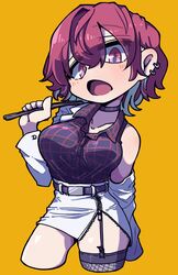  awa_(bihidasu) breasts drumsticks earrings female highres horikawa_raiko jewelry large_breasts open_mouth orange_background plaid plaid_shirt red_eyes red_hair shirt short_hair simple_background solo touhou 