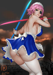  ariverkao ass backless_dress backless_outfit blue_eyes breasts dated dress dual_wielding eyepatch female frilled_dress frills holding holding_sword holding_weapon large_breasts lips looking_at_viewer maid_headdress original panties patreon_logo pink_hair short_hair signature solo sword thighhighs underwear weapon white_panties white_thighhighs wrist_cuffs 