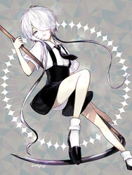  1other :d black_footwear black_necktie black_skirt collared_shirt commentary_request dress_shirt eyebrows_hidden_by_hair feet_out_of_frame gem_uniform_(houseki_no_kuni) ghost_quartz_(houseki_no_kuni) grey_eyes hair_over_one_eye half-closed_eye highres holding holding_scythe houseki_no_kuni long_hair looking_at_viewer necktie other_focus panties scythe shirt shoes short_hair_with_long_locks short_sleeves skirt smile socks solo suspender_skirt suspenders underwear uzura_(bonnet225) very_long_hair white_hair white_panties white_shirt white_socks 