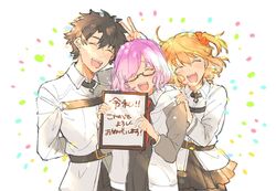  1boy 2girls ahoge arm_behind_back bad_id bad_twitter_id belt black_hair chaldea_uniform closed_eyes coat curly_hair eyebrows_hidden_by_hair fate/grand_order fate_(series) fujimaru_ritsuka_(female) fujimaru_ritsuka_(male) glasses hair_between_eyes hair_over_one_eye hairband hand_on_another&#039;s_shoulder highres holding hood hoodie i_(yunyuniraaka) looking_at_viewer mash_kyrielight multiple_girls necktie open_mouth orange_hair pantyhose ponytail purple_eyes shirt short_hair side_ponytail simple_background skirt smile standing uniform victory_pose white_background 