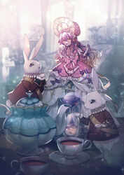  absurdres blurry blurry_background bow clock crack cup dress female highres holding holding_cup hourglass indoors lens_flare moe_(hamhamham) personification pink_bow pink_dress pink_headwear pokemon polteageist purple_hair rabbit tea teacup teapot yellow_eyes 