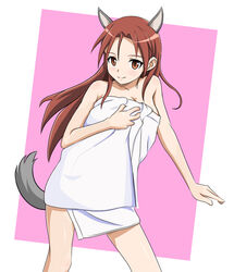  animal_ears blush breasts cleavage closed_mouth collarbone feet_out_of_frame female large_breasts long_hair looking_at_viewer minna-dietlinde_wilcke monousa naked_towel red_eyes red_hair shiny_skin simple_background smile solo standing strike_witches tail towel wolf_ears wolf_girl wolf_tail world_witches_series 