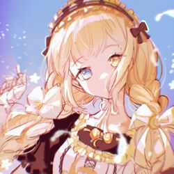  artist_request blue_background blue_eyes bow braid chinese_commentary crescent crescent_hair_ornament doll_joints female hair_ornament hairband hairbow head_tilt heterochromia joints lolita_hairband long_neck maesond open_hand solo tomo_(maesond) twin_braids upper_body virtual_youtuber white_bow yellow_bow yellow_eyes 