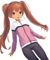  black_pants brown_eyes brown_hair cowboy_shot female had_(had314) highres jacket kantai_collection libeccio_(kancolle) long_hair looking_at_viewer multicolored_clothes multicolored_jacket official_alternate_costume pants simple_background solo twintails two-tone_jacket white_background 