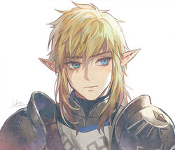  1boy armor blonde_hair blue_eyes closed_mouth commentary earrings english_commentary expressionless jewelry link lino_chang long_hair looking_at_viewer male_focus mixed-language_commentary pauldrons pointy_ears portrait shoulder_armor sidelocks signature simple_background soldier&#039;s_set_(zelda) solo the_legend_of_zelda the_legend_of_zelda:_breath_of_the_wild white_background 