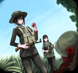  1boy 2girls absurdres ak-47 assault_rifle black_hair blood blood_on_face blurry blurry_foreground bullet_hole combat_helmet commentary corpse day death dog_tags english_commentary grass gun hat helmet highres holding holding_gun holding_weapon kalashnikov_rifle load_bearing_equipment long_hair m1_carbine m1_helmet military military_uniform multiple_girls nguyen_tam_lee original outdoors rifle scarf short_hair uniform viet_cong vietnam_war weapon 