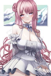  bare_shoulders blush braid breasts cleavage closed_mouth cowboy_shot detached_sleeves dorothy_(nikke) dress female frilled_dress frills goddess_of_victory:_nikke hair_bun kainines large_breasts long_hair pink_hair purple_eyes purple_ribbon ribbon smile solo twitter_username white_dress 