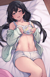  absurdres bare_shoulders bed black_hair blush breasts cardigan clothes_lift collarbone commentary_request cowboy_shot female fingernails from_above green_cardigan grey_eyes hair_spread_out hands_up has_bad_revision has_downscaled_revision highres indoors jp06 knee_up lifting_own_clothes long_hair long_sleeves looking_at_viewer love_live! love_live!_nijigasaki_high_school_idol_club low_twintails lying md5_mismatch multicolored_clothes multicolored_shirt nakagawa_nana navel off_shoulder on_back on_bed open_cardigan open_clothes open_mouth raised_eyebrows resolution_mismatch shirt_lift short_shorts shorts sleeves_past_wrists solo source_smaller stomach tank_top twintails underboob white_shorts wooden_floor yuki_setsuna_(love_live!) 