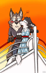  anthro bad_guy_cafe black_body black_fur boat brown_body brown_fur canid canine canis cruise_ship duo female fur kissing male mammal merchant_ship nix_(mick-fries) passenger_ship romantic romantic_ambiance romantic_couple ship sunset titanic vehicle watercraft white_body white_fur wolf wolfgang_jaeger_(readerno31142) yellow_eyes ziegelzeig 