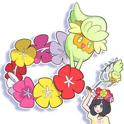  :o aria_pkmn arm_up beanie black_hair blush comfey commentary_request eyelashes female floral_print grey_eyes hat highres notice_lines open_mouth outline pokemon pokemon_(creature) pokemon_sm red_headwear selene_(pokemon) shirt short_hair short_sleeves t-shirt wreath 