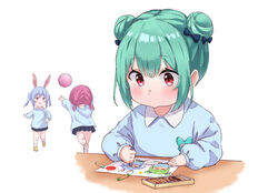  3girls 6mint aged_down alternate_costume animal_ears ball blue_hair blush brown_eyes child&#039;s_drawing commentary_request crayon double_bun from_behind green_hair hair_bun highres hololive houshou_marine kindergarten_uniform lolicon long_sleeves multiple_girls playing rabbit_ears red_eyes red_hair short_hair short_twintails simple_background solo_focus standing twintails uruha_rushia usada_pekora virtual_youtuber white_background 