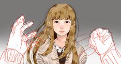  blush brown_hair closed_mouth commentary_request ears_visible_through_hair female highres long_hair looking_at_viewer miyu_mariana oyasumi_punpun simple_background tanaka_aiko 