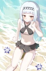  bikini bikini_skirt black_bikini blunt_bangs blush breasts chain_hairband chains female grey_hair hairband halterneck highres hololive long_hair looking_at_viewer murasaki_shion murasaki_shion_(hololive_summer_2019) sand shino2121 sidelocks small_breasts smile solo swimsuit virtual_youtuber water yellow_eyes 