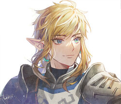  1boy ahoge armor blonde_hair closed_mouth commentary earrings english_commentary jewelry link lino_chang long_hair looking_away looking_to_the_side low_ponytail male_focus mixed-language_commentary pauldrons pointy_ears portrait shoulder_armor sidelocks signature simple_background smile soldier&#039;s_set_(zelda) solo the_legend_of_zelda the_legend_of_zelda:_breath_of_the_wild thick_eyebrows white_background 