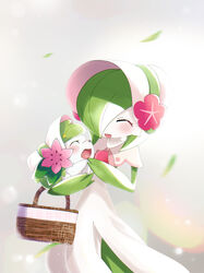  ^_^ absurdres basket blush bob_cut bonnet capelet closed_eyes commentary_request falling_leaves female flower gardevoir gardevoir_(fashionable) green_hair grey_background hair_over_one_eye happy hat hat_flower highres holding holding_basket holding_pokemon irono_(1rono_1121) leaf matching_outfits one_eye_covered open_mouth picnic_basket pink_capelet pink_flower pink_headwear pink_trim pokemon pokemon_(creature) pokemon_unite shaymin shaymin_(land) short_hair simple_background smile standing 