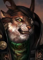  2020 ambiguous_gender armor brown_body brown_fur charr digital_media_(artwork) eye_patch eyewear fangs felid feline fur guild_wars headshot_portrait hi_res horn mammal pauldron portrait solo teeth white_body white_fur wolnir yellow_eyes 