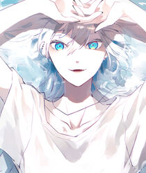  blue_eyes collarbone commentary_request dog_tags ear_piercing earrings female hands_up highres jewelry long_hair looking_at_viewer lower_teeth_only original parted_lips piercing shirt short_sleeves solo stud_earrings t-shirt teeth twitter_username upper_body white_hair white_shirt yagi_(shiro_yagi) 