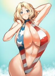  american_flag_swimsuit arms_up blonde_hair blue_eyes blush breasts cleavage commentary cowboy_shot female flag_print girls_und_panzer hair_intakes hands_in_hair head_tilt highleg huge_breasts kay_(girls_und_panzer) long_hair looking_at_viewer navel parted_lips print_swimsuit sasaki_tatsuya slingshot_swimsuit solo standing swimsuit 