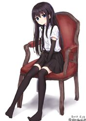  absurdres arm_warmers asashio_(kancolle) bad_id bad_twitter_id black_hair black_skirt black_thighhighs blue_eyes chair dated female full_body gantan highres kantai_collection long_hair looking_at_viewer no_shoes pleated_skirt school_uniform shirt short_sleeves simple_background sitting skirt solo suspenders thighhighs twitter_username white_background white_shirt 