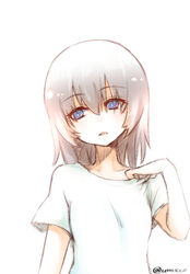  adjusting_shirt blue_eyes bright_pupils casual commentary female girls_und_panzer grey_hair head_tilt itsumi_erika light_frown long_hair looking_to_the_side one-hour_drawing_challenge parted_lips shirt short_sleeves simple_background solo t-shirt twitter_username umxzo white_background white_pupils white_shirt 