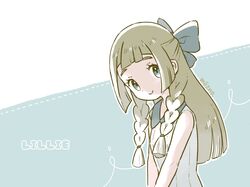  artist_name bad_id bad_twitter_id blonde_hair bow braid character_name closed_mouth commentary dress female green_eyes hairbow highres lillie_(pokemon) long_hair mozpoke pokemon pokemon_sm sleeveless sleeveless_dress smile solo twin_braids upper_body white_dress 