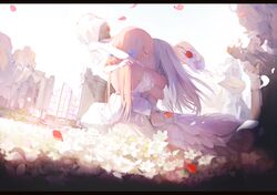  2girls alternate_costume blonde_hair bouquet bridal_veil commentary dress elbow_gloves field flower g36_(girls&#039;_frontline) g36_(pure_white_cornflower)_(girls&#039;_frontline) g36c_(girls&#039;_frontline) g36c_(you_who_steps_up)_(girls&#039;_frontline) girls&#039;_frontline gloves highres kissing letterboxed muike multiple_girls official_alternate_costume veil veil_removed wedding_dress white_dress white_gloves white_hair wife_and_wife yuri 