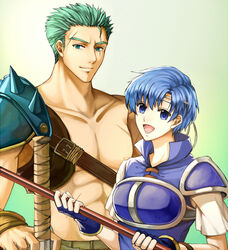  1boy :d armor blue_eyes blue_gloves blue_hair blue_shirt breastplate collarbone commentary_request delsaber dieck_(fire_emblem) female fingerless_gloves fire_emblem fire_emblem:_the_binding_blade gloves gradient_background green_background green_eyes green_hair holding holding_polearm holding_weapon looking_at_viewer open_mouth pauldrons polearm scar scar_across_eye scar_on_face shanna_(fire_emblem) shirt short_hair short_sleeves shoulder_armor smile spiked_hair sword weapon white_shirt white_sleeves 