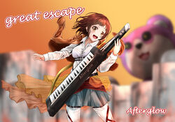  afterglow_(bang_dream!) bang_dream! brown_eyes brown_hair brown_jacket commentary_request cowboy_shot cursive dress_shirt english_text female grey_skirt group_name hazawa_tsugumi head_tilt highres holding holding_instrument instrument jacket jacket_on_shoulders keyboard_(instrument) keytar light_blush long_sleeves looking_at_viewer michelle_(bang_dream!) miniskirt music open_mouth overskirt partial_commentary playing_instrument pleated_skirt saateen_(tsubame-project13) shirt short_hair skirt smile solo song_name standing thigh_strap thighhighs white_shirt white_thighhighs wind 