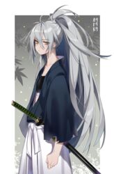  aek-999_(girls&#039;_frontline) ahoge border character_name commentary deathalice earrings english_commentary female girls&#039;_frontline grey_background grey_hair hair_between_eyes highres japanese_clothes jewelry katana leaf_print long_hair looking_at_viewer ponytail samurai sidelocks simple_background solo standing strapless sword torn_clothes tube_top weapon wide_sleeves yellow_eyes 