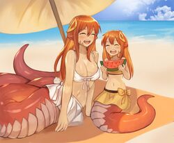  2girls :d ^_^ beach beach_umbrella blue_sky breasts closed_eyes cloud commentary commission day english_commentary food fruit full_body hair_between_eyes hair_ornament hairclip happy highres holding holding_food horizon lamia lolicon long_hair midriff miia_(monster_musume) mika_(miiafag) monster_girl monster_musume_no_iru_nichijou mother_and_daughter multiple_girls navel ocean open_mouth original outdoors pointy_ears red_hair ribbon sand scales sky smile sookmo tail tank_top teeth umbrella upper_teeth_only watermelon 